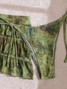 SHEIN Swim ملابس سباحة بيكيني نسائية صيفية للعطلات الشاطئية بربطة عنق خلفية وكشكشة مثيرة، طقم 3 قطع - أخضر - مشاهدة 6