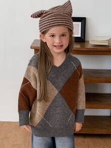 Hapijoa Young Girls' Plaid Colorblock Loose Casual Long Sleeve Thick Sweater, Autumn/Winter - Khaki - View 6