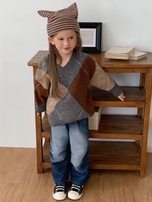 Hapijoa Young Girls' Plaid Colorblock Loose Casual Long Sleeve Thick Sweater, Autumn/Winter - Khaki - View 2
