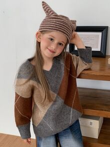 Hapijoa Young Girls' Plaid Colorblock Loose Casual Long Sleeve Thick Sweater, Autumn/Winter - Khaki - View 5