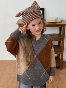 Hapijoa Young Girls' Plaid Colorblock Loose Casual Long Sleeve Thick Sweater, Autumn/Winter - Khaki - View 1