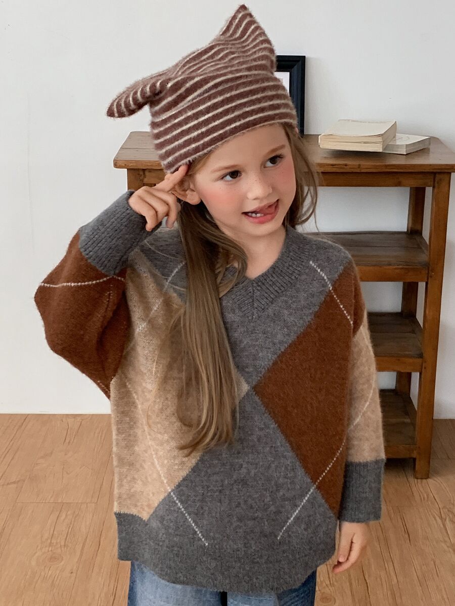 Hapijoa Young Girls' Plaid Colorblock Loose Casual Long Sleeve Thick Sweater, Autumn/Winter - Khaki - View 1