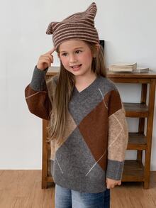 Hapijoa Young Girls' Plaid Colorblock Loose Casual Long Sleeve Thick Sweater, Autumn/Winter - Khaki - View 4