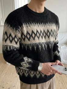 DAZY Autumn/Winter Fuzzy Black Brown Apricot Pattern Jacquard Crew Neck Korean Style Men's Sweater - Black - View 6