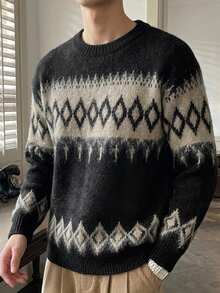 DAZY Autumn/Winter Fuzzy Black Brown Apricot Pattern Jacquard Crew Neck Korean Style Men's Sweater - Black - View 8