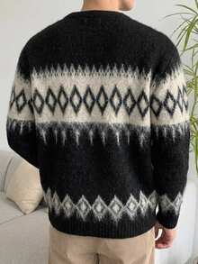 DAZY Autumn/Winter Fuzzy Black Brown Apricot Pattern Jacquard Crew Neck Korean Style Men's Sweater - Black - View 2