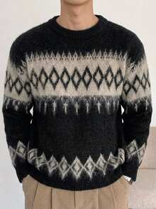 DAZY Autumn/Winter Fuzzy Black Brown Apricot Pattern Jacquard Crew Neck Korean Style Men's Sweater - Black - View 7