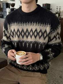 DAZY Autumn/Winter Fuzzy Black Brown Apricot Pattern Jacquard Crew Neck Korean Style Men's Sweater - Black - View 1