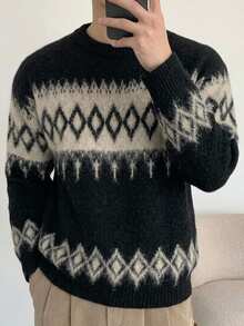 DAZY Autumn/Winter Fuzzy Black Brown Apricot Pattern Jacquard Crew Neck Korean Style Men's Sweater - Black - View 9