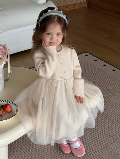 DAZY Infant/Toddler (Girl) Round Neck Mesh Patchwork Korean Style Long Sleeve Patchwork Dress