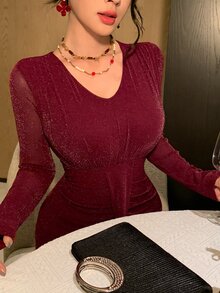 DAZY Women's Elegant Elegant Fine Glitter Long Sleeve Pleated Dress - Burgundy - View 4