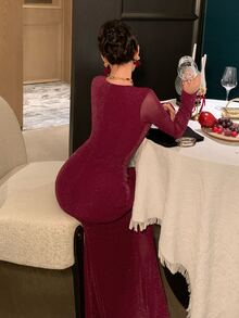 DAZY Women's Elegant Elegant Fine Glitter Long Sleeve Pleated Dress - Burgundy - View 2