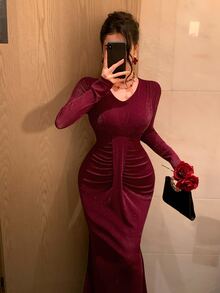 DAZY Women's Elegant Elegant Fine Glitter Long Sleeve Pleated Dress - Burgundy - View 10