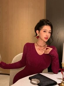 DAZY Women's Elegant Elegant Fine Glitter Long Sleeve Pleated Dress - Burgundy - View 8