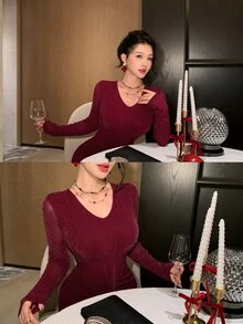 DAZY Women's Elegant Elegant Fine Glitter Long Sleeve Pleated Dress - Burgundy - View 3