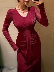 DAZY Women's Elegant Elegant Fine Glitter Long Sleeve Pleated Dress - Burgundy - View 6