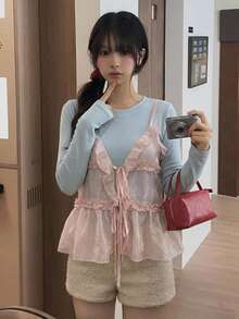DAZY Solid Color Long Sleeve Base Layer T-Shirt With Ruffled Trim Camisole Layering Casual Vacation Korean Style Spring Autumn Women's 2 Pieces Set - Blue - View 1