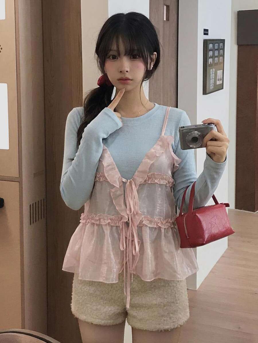 DAZY Solid Color Long Sleeve Base Layer T-Shirt With Ruffled Trim Camisole Layering Casual Vacation Korean Style Spring Autumn Women's 2 Pieces Set - Blue - View 1