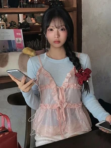 DAZY Solid Color Long Sleeve Base Layer T-Shirt With Ruffled Trim Camisole Layering Casual Vacation Korean Style Spring Autumn Women's 2 Pieces Set - Blue - View 4