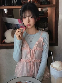DAZY Solid Color Long Sleeve Base Layer T-Shirt With Ruffled Trim Camisole Layering Casual Vacation Korean Style Spring Autumn Women's 2 Pieces Set - Blue - View 3