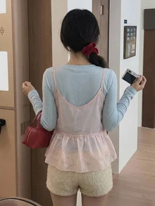 DAZY Solid Color Long Sleeve Base Layer T-Shirt With Ruffled Trim Camisole Layering Casual Vacation Korean Style Spring Autumn Women's 2 Pieces Set - Blue - View 2