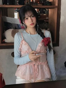 DAZY Solid Color Long Sleeve Base Layer T-Shirt With Ruffled Trim Camisole Layering Casual Vacation Korean Style Spring Autumn Women's 2 Pieces Set - Blue - View 6