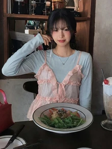 DAZY Solid Color Long Sleeve Base Layer T-Shirt With Ruffled Trim Camisole Layering Casual Vacation Korean Style Spring Autumn Women's 2 Pieces Set - Blue - View 5