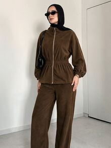 Solavon Women's Solid Color Long Sleeve Zip-Up Jacket And Pants Casual 2 Pieces Set - Brown - View 5