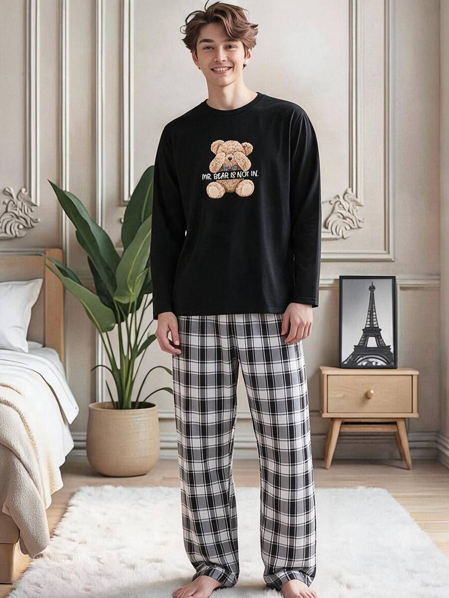 SHEIN 青少年男孩休閒舒適百搭熊圖案長袖上衣與格紋長褲套裝 - 彩色 - 查看 1