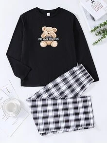 SHEIN 青少年男孩休閒舒適百搭熊圖案長袖上衣與格紋長褲套裝 - 彩色 - 查看 8
