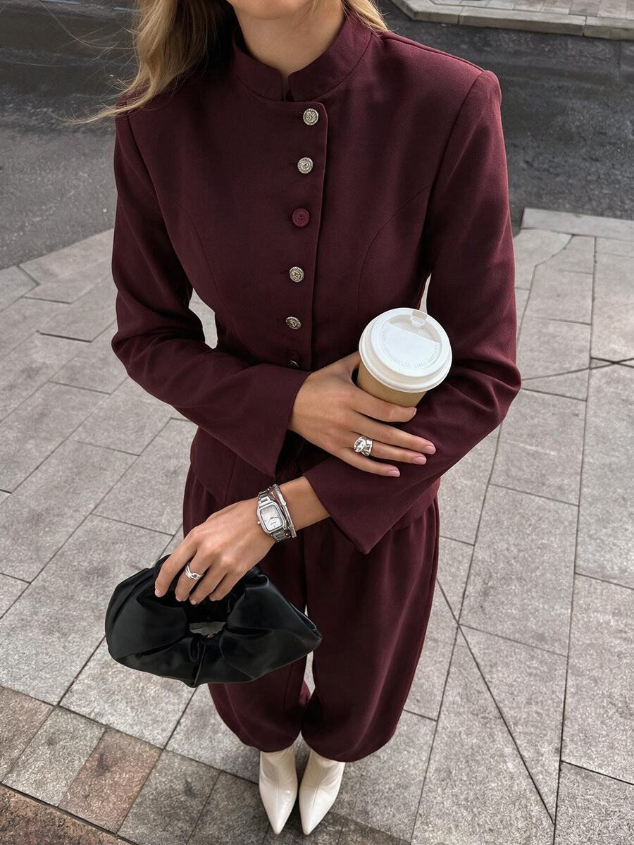 SHEIN BAE Women's Burgundy Stand Collar Wide Shoulder Blazer And Pants Set - Burgundy - View 1