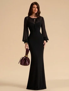 SHEIN BAE Autumn/Winter Solid Black Mesh Sheer Long Sleeve Fitted Slim Fit Extra Long Women's Dress - Black - View 4