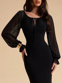 SHEIN BAE Autumn/Winter Solid Black Mesh Sheer Long Sleeve Fitted Slim Fit Extra Long Women's Dress - Black - View 3