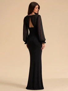 SHEIN BAE Autumn/Winter Solid Black Mesh Sheer Long Sleeve Fitted Slim Fit Extra Long Women's Dress - Black - View 2