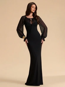 SHEIN BAE Autumn/Winter Solid Black Mesh Sheer Long Sleeve Fitted Slim Fit Extra Long Women's Dress - Black - View 7