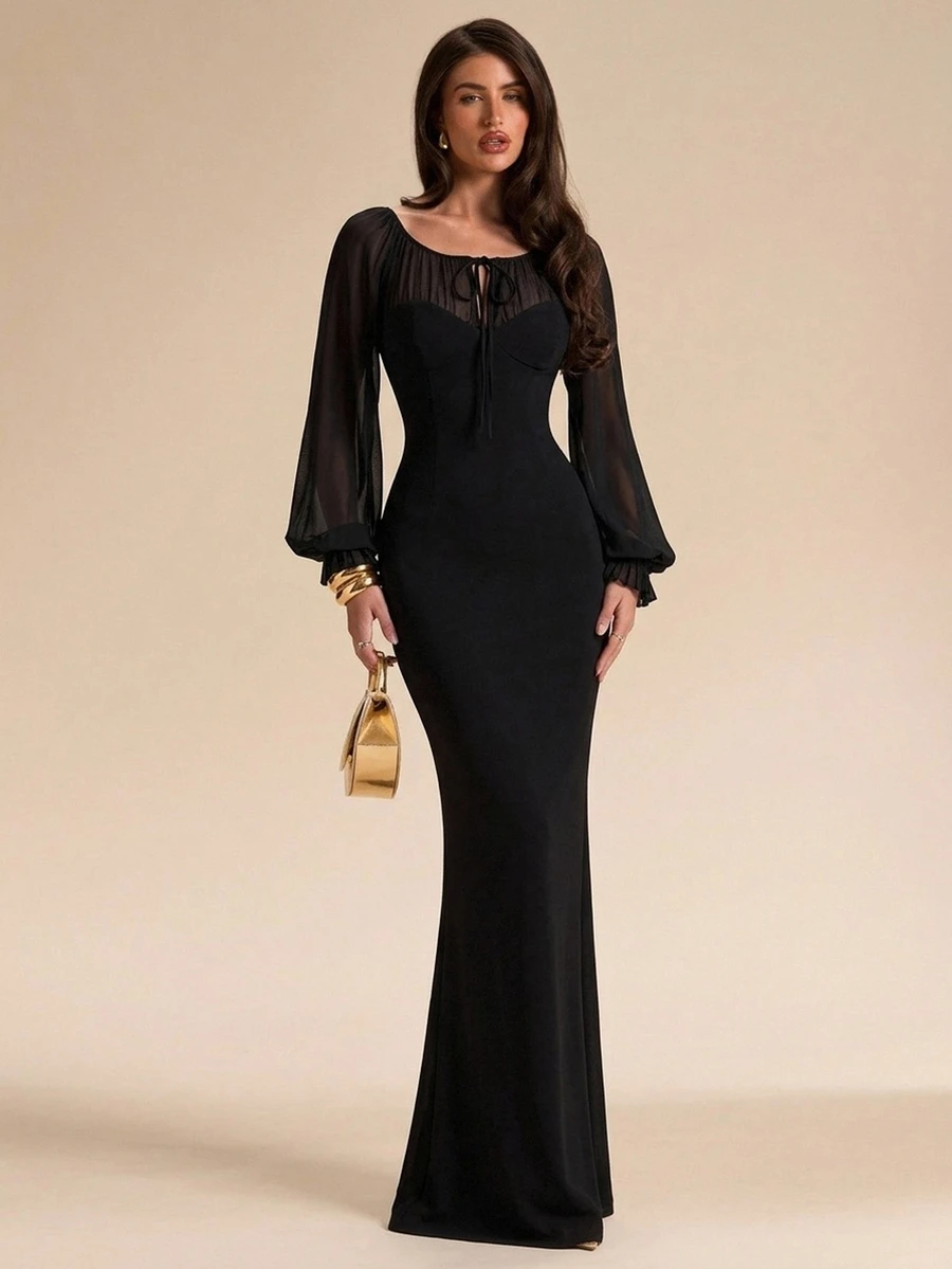 SHEIN BAE Autumn/Winter Solid Black Mesh Sheer Long Sleeve Fitted Slim Fit Extra Long Women's Dress - Black - View 1