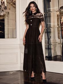 Anewsta Women's Contrast Lace Mesh Button Design Short Sleeve Elegant Long Dress - Coffee Brown - View 7