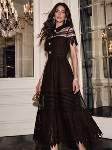 Anewsta Women's Contrast Lace Mesh Button Design Short Sleeve Elegant Long Dress - Coffee Brown - View 1
