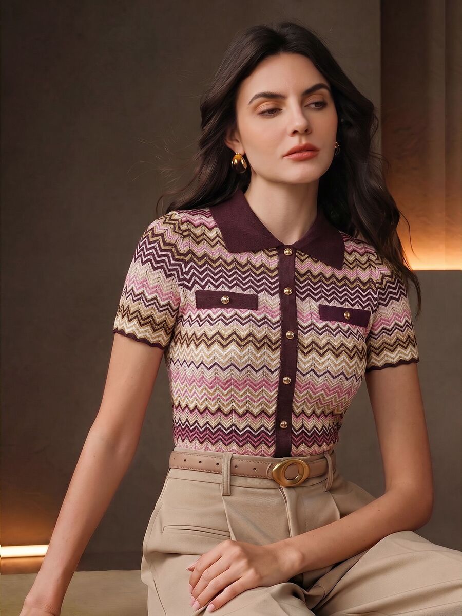Anewsta Women's Chic Retro Style Multi-Color Patchwork Exquisite Button Short Sleeve Work Knit Top Summer - Multicolor - View 1