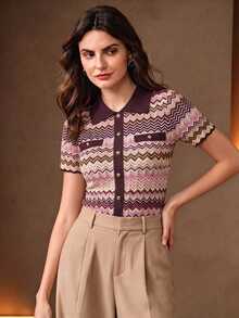 Anewsta Women's Chic Retro Style Multi-Color Patchwork Exquisite Button Short Sleeve Work Knit Top Summer - Multicolor - View 4
