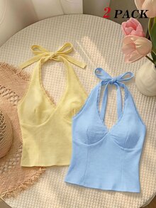 SHEIN MOD 女款時尚對比蕾絲掛脖上衣兩件套，度假夜生活外出穿搭，奶油黃與淺藍色，夏季性感休閒風 - 藍色 - 查看 3