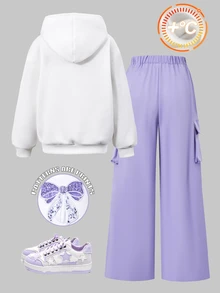SHEIN Reset Phase 青少年女孩運動衫套裝，紫色，連帽衫 + 慢跑褲 2 件套，寬鬆版型，秋冬保暖，抓絨內裡，拉鍊設計，校園家庭可愛風 - 淡紫色 - 查看 2