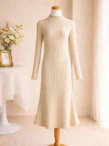 Girls' Elegant Minimalist Turtleneck Long Sleeve Fitted Dress, Basic Ribbed Fabric, Autumn/Winter Fashion Underdress - Khaki - View 6