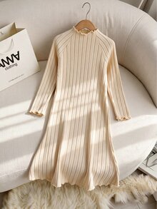 Girls' Elegant Minimalist Turtleneck Long Sleeve Fitted Dress, Basic Ribbed Fabric, Autumn/Winter Fashion Underdress - Khaki - View 7