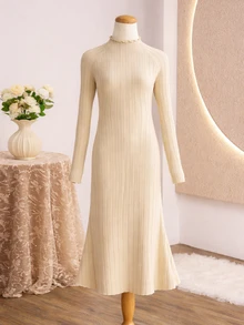 Girls' Elegant Minimalist Turtleneck Long Sleeve Fitted Dress, Basic Ribbed Fabric, Autumn/Winter Fashion Underdress - Khaki - View 3