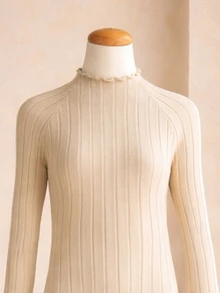 Girls' Elegant Minimalist Turtleneck Long Sleeve Fitted Dress, Basic Ribbed Fabric, Autumn/Winter Fashion Underdress - Khaki - View 5