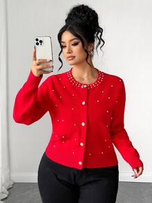 Elenzga Plus Size Faux Pearls Button Placket Cardigan - Red - View 5
