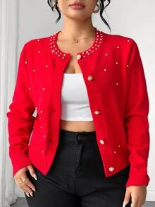 Elenzga Plus Size Faux Pearls Button Placket Cardigan - Red - View 6