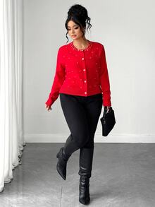 Elenzga Plus Size Faux Pearls Button Placket Cardigan - Red - View 4