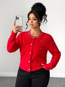 Elenzga Plus Size Faux Pearls Button Placket Cardigan - Red - View 3